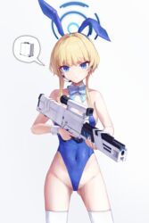  9malefi9 absurdres animal_ears ass assault_rifle blonde_hair blue_archive blue_bow blue_bowtie blue_eyes blue_halo blue_leotard bow bowtie breasts closed_mouth commentary covered_navel cowboy_shot detached_collar english_commentary fake_animal_ears female groin gun h&amp;k_g11 halo highleg highleg_leotard highres holding holding_gun holding_weapon leotard medium_breasts official_alternate_costume playboy_bunny rabbit_ears rifle short_hair_with_long_locks sidelocks simple_background solo strapless strapless_leotard thighhighs toki_(blue_archive) toki_(bunny)_(blue_archive) weapon white_background white_thighhighs wrist_cuffs 