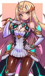  bare_shoulders between_breasts black_pantyhose blonde_hair border breasts chest_jewel cleavage_cutout clothing_cutout cowboy_shot dakusuta dress earrings elbow_gloves female gloves hand_on_own_hip highres jewelry large_breasts long_hair looking_at_viewer microdress mythra_(massive_melee)_(xenoblade) mythra_(xenoblade) pantyhose pink_background short_dress smash_invitation solo super_smash_bros. swept_bangs thigh_strap tiara very_long_hair white_border white_dress white_gloves xenoblade_chronicles_(series) xenoblade_chronicles_2 yellow_eyes 