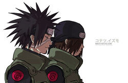  2boys black_eyes black_shirt brown_hair character_name character_profile closed_mouth facial_hair fisher903 forehead_protector goatee hagane_kotetsu hair_over_one_eye headband kamizuki_izumo medium_hair multiple_boys naruto naruto_(series) ninja reference_sheet shirt simple_background smile spiked_hair vest white_background 