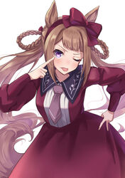  absurdres animal_ears blush brown_hair casual commentary_request female hair_rings hairband highres horse_ears horse_girl horse_tail long_hair looking_at_viewer one_eye_closed purple_eyes simple_background sodemaru_unagi solo sweep_tosho_(umamusume) tail tongue tongue_out umamusume white_background 