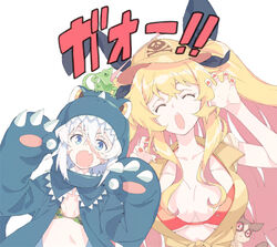  2girls anne_bonny_(fate) bikini bikini_top_only blonde_hair blue_eyes breasts chameleon claw_pose closed_eyes dinosaur_costume fate/grand_order fate_(series) hat large_breasts lemur mary_read_(fate) multiple_girls scar scar_on_face small_breasts swimsuit t-okada white_background white_hair 