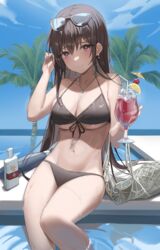  absurdres bare_shoulders bikini black_bikini blush breasts brown_hair collarbone commentary cup drinking_glass drinking_straw eyewear_on_head female front-tie_bikini_top front-tie_top halterneck hand_in_own_hair highres hurricane_glass ice ice_cube jewelry large_breasts long_hair looking_at_viewer mungduck navel necklace original outdoors pendant pool purple_eyes ribbon sitting smile solo string_bikini summer sunglasses swimsuit tropical_drink underboob water wet 