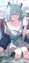  absurdres animal_ears aqua_hair ashiyu bare_legs bath_yukata blue_archive blush bottle breasts bucket cleavage collarbone female foot_bath halo highres holding holding_bottle japanese_clothes kimono kimono_pull large_breasts looking_at_viewer milk_bottle obi official_alternate_costume onsen sash scio_12 shigure_(blue_archive) shigure_(hot_spring)_(blue_archive) short_ponytail sitting smile soaking_feet solo sweat weasel_ears wooden_bucket yukata 