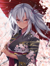  absurdres black_kimono black_nails breasts brown_eyes cherry_blossoms dark-skinned_female dark_skin dated female floral_print glasses gradient_nails grey-framed_eyewear grey_hair hair_between_eyes highres japanese_clothes jewelry kantai_collection kimono large_breasts lips long_hair mashiro_yukiya musashi_(kancolle) musashi_kai_ni_(kancolle) obi oil-paper_umbrella outdoors petals pointy_hair rectangular_eyewear rimless_eyewear ring sash semi-rimless_eyewear signature solo tree twintails umbrella upper_body very_long_hair wedding_ring yukata 