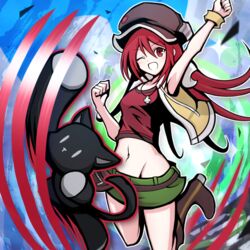  arm_up armpits boots bracelet brown_footwear cabbie_hat crop_top female groin hair_between_eyes hat jewelry long_hair midriff misaki_shiki navel necklace nyantan one_eye_closed open_mouth red_eyes red_hair shorts stuffed_animal stuffed_toy subarashiki_kono_sekai suta_(clusta) 