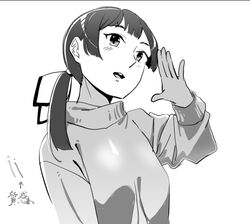  doushi_tatsu_to_dekkai_no female fujinami_(kancolle) greyscale hair_ribbon kantai_collection long_hair monochrome official_alternate_costume open_mouth ribbon side_ponytail simple_background solo sweater teeth translated upper_teeth_only 