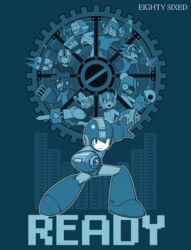  1boy acid_man alternate_costume arm_cannon blast_man block_man blue_background blue_theme bounce_man commentary_request copy_ability fighting_stance fuse_man impact_man kuroi_susumu male_focus mega_man_(character) mega_man_(classic) mega_man_(series) mega_man_11 open_mouth pose robot standing torch_man tundra_man weapon 