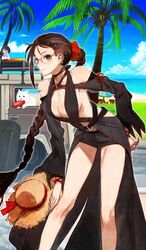  adapted_costume bad_source bare_shoulders beach black_dress black_shorts black_sleeves blue_sky braid breasts brown_eyes brown_hair canine cavall_the_2nd character_doll cleavage cloud collarbone commentary_request craft_essence_(fate) day detached_sleeves dress fate/grand_order fate_(series) female frisbee glasses hair_ornament hair_scrunchie hat holding holding_clothes holding_hat large_breasts leaning_forward long_braid long_hair motor_vehicle ocean official_art outdoors palm_tree paracelsus_(fate) red_scrunchie samoyed_(dog) scrunchie shorts single_braid sky solo straw_hat sun_hat toi8 tree unworn_hat unworn_headwear van very_long_hair volkswagen_type_2 white_dog yu_mei-ren_(fate) yu_mei-ren_(festival_outfit)_(fate) 