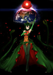  absurdres ark_line armpits biollante bodysuit breasts commentary_request copyright_name earth_(planet) female flower gloves godzilla_(series) green_hair highres large_breasts legs long_hair monster_girl pantyhose personification petals planet plant plant_girl red_eyes rose rose_petals solo star_(sky) thighs tiara vines 