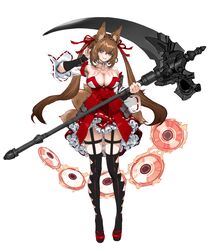  animal_ears blue_eyes breast_tattoo breasts caleen_keemosn cleavage commentary_request detached_sleeves dress female fox_ears fox_tail full_body garter_straps hair_ribbon highres holding holding_scythe holding_weapon huge_breasts huge_weapon japanese_clothes long_hair miko multiple_tails red_footwear ribbon ribbon-trimmed_skirt ribbon-trimmed_sleeves ribbon_trim scythe simple_background solo star_ocean star_ocean_anamnesis tail tattoo twintails weapon white_background yasuda_akira 