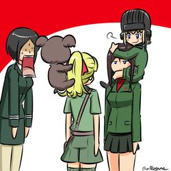  4girls belt black_hair black_headwear black_skirt blonde_hair blue_eyes blush_stickers brown_belt carrying chouno_ami clinging collared_shirt commentary frown girls_und_panzer green_jacket green_jumpsuit green_legwear green_shirt green_shorts green_skirt hair_ribbon helmet jacket japan_ground_self-defense_force japan_self-defense_force jitome jumpsuit katyusha_(girls_und_panzer) koala koala_forest_military_uniform kogane_(staygold) leaning_forward long_hair long_sleeves looking_at_viewer lowres military military_uniform miniskirt multiple_girls nonna_(girls_und_panzer) one-hour_drawing_challenge open_mouth pantyhose pencil_skirt pleated_skirt pravda_military_uniform pravda_school_uniform puff_of_air red_ribbon red_shirt ribbon sam_browne_belt school_uniform see-through see-through_legwear shirt short_hair short_jumpsuit short_sleeves shorts shoulder_carry skirt smirk smug snort standing sweatdrop swept_bangs tank_helmet thighhighs turtleneck twitter_username uniform wallaby_(girls_und_panzer) 