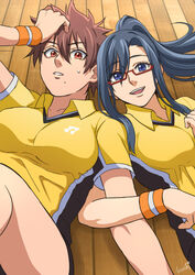  2girls absurdres aragaki_nagisa badminton blue_hair breasts brown_eyes brown_hair commentary_request glasses hanebado! high_ponytail highres izumi_riko kurokiseow large_breasts locked_arms looking_at_viewer lying mole mole_under_mouth multiple_girls on_back open_mouth ponytail purple_eyes red-framed_eyewear semi-rimless_eyewear shirt short_hair short_sleeves shorts smile sportswear sweat sweatband tomboy uniform wooden_floor wristband yellow_shirt 