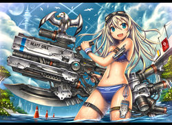  :d animal_on_weapon armband bikini billboard bird bird_on_weapon blue_eyes blush building clothes_writing cloud commentary_request day female gia goggles goggles_on_head gun headphones huge_weapon legband long_hair navel open_mouth original outdoors power_lines seagull shiny_skin side-tie_bikini_bottom silver_hair sky smile solo swimsuit transmission_tower trigger_discipline wading weapon wet wristband 