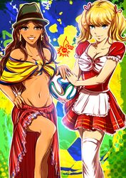  2014_fifa_world_cup 2girls blonde_hair blue_eyes brazuca breasts brown_eyes brown_hair cherry_in_the_sun cleavage commentary_request ecuador hat highres long_hair medium_breasts multiple_girls navel original short_hair soccer switzerland thighhighs world_cup zettai_ryouiki 