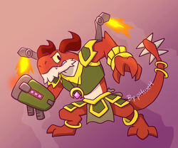  2017 armor bottomwear bracelet clothing dragon drogoz_(paladins) fangs hi-rez_studios jet_pack jewelry loincloth male mythological_creature mythological_scalie mythology necklace no_sclera paladins_(game) phsueh ranged_weapon ring rocket_launcher scalie shadow signature sneer solo spikes tail teeth text toony weapon 