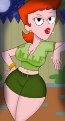  1girls 5_fingers big_breasts black_eyes breasts cleavage curvy dexter&#039;s_laboratory dexter&#039;s_mom earrings eyebrows eyelashes hot_pants hotpants human human_only jigglyknight lipstick milf mother navel night pale_skin parent red_hair red_lips red_lipstick short_hair sky thick_thighs wide_hips 