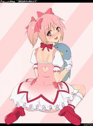  ass bad_id bad_pixiv_id banned_artist blush bow bubble_skirt copyright_name from_behind hairbow heart_cutout kaname_madoka kawaguchi_yukihiro looking_back magical_girl mahou_shoujo_madoka_magica panties pantyshot pantyshot_(sitting) pink_eyes pink_hair short_hair short_twintails sitting skirt smile solo stuffed_animal stuffed_penguin stuffed_toy twintails underwear wariza white_panties 