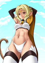  alicia_rue animal_ears arms_behind_head bikini blonde_hair brown_eyes brown_tail cat_ears cat_girl commentary_request female from_below navel one_eye_closed orange_(meitoku) pointy_ears short_hair solo swimsuit sword_art_online tail thighhighs white_bikini 