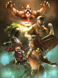  2girls 3boys ^_^ alternate_costume beard black_hair blue_eyes breasts closed_eyes commentary_request facial_hair gragas hat huge_breasts la_ciero_(pixiv) league_of_legends lee_sin long_hair looking_at_viewer lulu_(league_of_legends) medium_breasts multiple_boys multiple_girls navel open_mouth photoshop_(medium) red_hair renekton santa_costume santa_hat sivir sunglasses visor_cap wizard_hat 