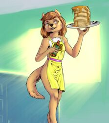  2017 amber_eyes anthony_sarkasuo anthro apron apron_only bowman&#039;s_wolf brown_body brown_fur brown_hair canid canine canis chest_tuft clothed clothing digitigrade female flat_chested florence_ambrose food freefall_(webcomic) fur green_background hair hi_res holding_object long_hair mammal mostly_nude multicolored_body multicolored_fur open_mouth open_smile pancake red_wolf seductive simple_background smile solo syrup tray tuft two_tone_body two_tone_fur white_body white_fur wolf 