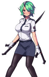  black_pantyhose bladed_tonfa blush breasts commentary_request eyepatch female gloves green_hair holding large_breasts looking_at_viewer miniskirt necktie otonashi_kiruko pantyhose pencil_skirt police police_uniform policewoman red_eyes saiste shinmai_fukei_kiruko-san short_hair simple_background skirt smile solo tonfa uniform weapon white_background white_gloves 