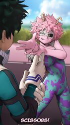  1boy ashido_mina biting_tongue black_sclera blue_bodysuit blue_sky blurry blurry_background bodysuit boku_no_hero_academia bulge cloud colored_sclera colored_skin commentary cropped_jacket english_commentary english_text female from_behind fur_trim futanari gloves grass greatm8 green_bodysuit green_hair green_unitard hand_up highres holding_own_arm horns looking_at_another mask mask_around_neck midoriya_izuku one_eye_closed outdoors outstretched_hand photoshop_(medium) pink_hair pink_skin pink_unitard purple_bodysuit rock_paper_scissors short_hair sky source_filmmaker_(medium) spiked_hair subtitled two-tone_unitard unitard white_gloves white_mask yellow_eyes yellow_horns 