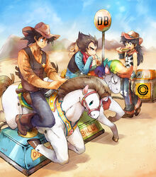  3boys animal_print black_eyes black_hair blue_sky boots brown_footwear commentary_request cow_print cowboy_hat day desert dragon_ball dragon_ball_z drinking drinking_straw eating glass gun handgun hano_(hanos91) hat holster holstered hot_dog kiddie_ride long_hair male_focus mechanical_horse mountain multiple_boys neckerchief outdoors plaid plaid_shirt revolver sheriff_badge shirt sign sky son_gohan son_goku unworn_hat unworn_headwear vegeta vest weapon 