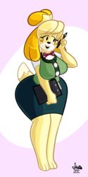  1:2 animal_crossing anthro big_breasts blue_bottomwear blue_clothing blue_skirt bottomwear breasts canid canine canis clipboard clothing domestic_dog dual_holding female green_clothing green_topwear green_vest hi_res holding_clipboard holding_object holding_pencil holding_writing_utensil isabelle_(animal_crossing) jamearts mammal monotone_bottomwear monotone_clothing monotone_skirt monotone_topwear monotone_vest nintendo pencil_(object) pencil_skirt shih_tzu skirt solo string_bow topwear toy_dog vest writing_utensil 