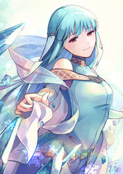  aqua_hair bare_shoulders belly_chain blue_dress circlet cowboy_shot dress female fire_emblem fire_emblem:_the_blazing_blade gradient_background highres ice jewelry long_dress long_hair ninian_(fire_emblem) red_eyes signature simple_background sleeveless sleeveless_dress smile solo sunlight tarayuki upper_body veil very_long_hair white_background 