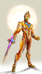  1boy alien arm_blade bodysuit color_timer glitter_trigger_eternity glowing glowing_eyes glowing_lines highres kuroda_asaki male_focus multicolored_bodysuit multicolored_clothes no_humans no_pupils red_bodysuit sword tokusatsu ultra_series ultraman_trigger ultraman_trigger_(series) weapon 