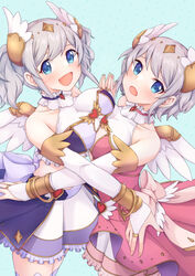  2girls :d :o akari_(angel)_(princess_connect!) akari_(princess_connect!) altheavin angel_wings asymmetrical_docking back_bow bangle bare_shoulders blue_eyes blush bow bracelet breast_press breasts bridal_gauntlets collar collarbone covered_collarbone cowboy_shot dress eyebrows_hidden_by_hair feathered_wings fingernails fingers_together frilled_collar frilled_dress frilled_skirt frills from_above gem gold grey_hair halter_dress halterneck hand_on_another&#039;s_hip heart heart-shaped_ornament highres jewelry large_breasts long_hair looking_at_viewer looking_to_the_side medium_hair midriff miniskirt multiple_girls open_mouth palms_together patterned_background pink_dress princess_connect! purple_skirt ribbon ring short_twintails siblings sidelocks sideways_glance simple_background sisters skirt sleeveless sleeveless_dress smile swept_bangs tareme thighhighs tight_clothes tsurime twins twintails two-tone_skirt white_bridal_gauntlets white_skirt white_thighhighs wing_hair_ornament wing_ornament winged_heart wings wrist_cuffs yori_(angel)_(princess_connect!) yori_(princess_connect!) zettai_ryouiki 