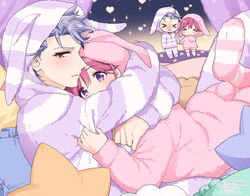  1boy animal_hood arms_around_neck artist_name blush bob_cut chibi closed_eyes couple cuddling female grey_hair hair_between_eyes heart holding_hands hood krudears long_sleeves pajamas pillow pink_hair pink_pajamas protagonist_(tokimemo_gs3) purple_eyes purple_pajamas red_eyes shitara_seiji short_hair sparkle straight striped_clothes striped_pajamas tokimeki_memorial tokimeki_memorial_girl&#039;s_side_3rd_story twitter_username wavy_mouth 