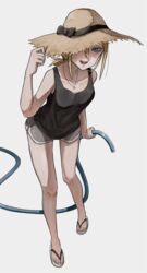  aki_(tabao) bare_legs black_bow black_shirt blonde_hair blue_eyes bow breasts collarbone commentary_request female flip-flops full_body grey_shorts hair_between_eyes hand_on_headwear hat hat_bow hat_ribbon highres holding holding_hose hose jewelry leaning_forward necklace one_eye_covered open_mouth original partial_commentary ponytail ribbon sandals shirt shorts sidelocks simple_background smile solo straw_hat tabao teeth undershirt upper_teeth_only white_background 