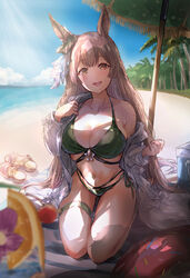  :d animal_ears beach beach_towel beach_umbrella bikini blue_sky blush braid breasts brown_hair cleavage collarbone commentary_request day ear_ornament ear_ribbon female green_bikini highres horse_ears horse_girl kneeling large_breasts long_hair looking_at_viewer matsukura_nemu midriff navel ocean open_clothes open_mouth open_shirt outdoors palm_tree sandals satono_diamond_(umamusume) shirt single_bare_shoulder sky smile solo sunlight swimsuit towel tree umamusume umbrella unworn_sandals very_long_hair white_shirt 