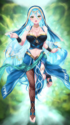  :d azura_(fire_emblem) azura_(hatari)_(fire_emblem) blue_hair bracer breasts cait_aron cleavage commentary female fire_emblem fire_emblem_fates fire_emblem_heroes full_body green_eyes hair_between_eyes hair_tubes highres jacket jewelry large_breasts light_blue_hair light_blush long_hair looking_at_viewer midriff navel necklace official_alternate_costume open_clothes open_jacket pelvic_curtain see-through smile solo thighlet toeless_footwear toes veil very_long_hair waist_cape 