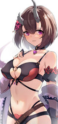  arm_garter belt bikini black_bikini black_choker breasts broken_horn brown_belt brown_hair choker claw_ring cleavage commentary covered_nipples cowboy_shot demon_horns detached_sleeves eriko_(princess_connect!) eriko_(summer)_(princess_connect!) female flower hair_between_eyes hair_flower hair_ornament hand_on_own_chest heart heart_choker highres horns large_breasts looking_at_viewer maza_kisuke multi-strapped_bikini_bottom multi-strapped_bikini_top navel o-ring o-ring_bikini parted_lips princess_connect! purple_eyes see-through see-through_sleeves short_hair simple_background skindentation smile solo spiked_tail stomach swimsuit tail two-tone_bikini white_background 