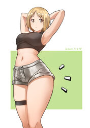  armpits arms_behind_head black_sports_bra blonde_hair breasts chinese_commentary commentary_request crop_top dated female girls&#039;_frontline grey_shorts highres legband medium_breasts midriff mp40_(girls&#039;_frontline) navel plump short_hair short_shorts shorts simple_background skindentation solo sports_bra standing thick_thighs thigh_strap thighs triangle_bullet yellow_eyes 