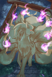  2023 4_toes 9_tails absurd_res ambiguous_gender canid canine cheek_tuft colored colored_fire detailed_background digital_media_(artwork) digital_painting_(artwork) english_text facial_tuft feet feral fire fluffy_chest front_view full-length_portrait fur generation_1_pokemon glowing glowing_eyes grass grey_nose head_tuft hi_res kemono mammal monotone_body monotone_fur monotone_tail multi_tail night ninetales nintendo ohayou_milk orange_eyes outside path plant pokemon pokemon_(species) portrait profanity pupils purple_fire quadruped shaded signature snout solo standing tail text toes torii tuft will-o&#039;-the-wisp yellow_body yellow_ears yellow_fur yellow_tail 