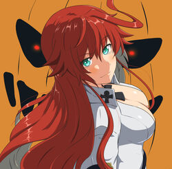  ada_badguy ankh_necklace bell-bottoms belt bodysuit breasts cleavage colored_inner_hair female front_slit green_eyes guilty_gear guilty_gear_strive highres jack-o&#039;_valentine large_breasts long_hair multicolored_hair pants pumpkin red_hair solo too_many too_many_belts white_bodysuit white_hair 