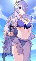  bikini blue_sky breasts camilla_(fire_emblem) camilla_(summer)_(fire_emblem) cleavage female fire_emblem fire_emblem_fates fire_emblem_heroes flower hair_flower hair_ornament hair_over_one_eye large_breasts long_hair looking_at_viewer navel official_alternate_costume ondur parted_lips purple_bikini purple_eyes purple_hair purple_nails purple_sarong sarong see-through see-through_sarong sky swimsuit very_long_hair 