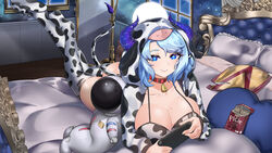  alternate_breast_size animal_print astronaut bag_of_chips bell belt belt_collar bikini blue_eyes blue_hair breasts cleavage collar collarbone commission cow_girl cow_hood cow_horns cow_print cow_print_bikini cow_tail female food handheld_game_console highres holding holding_handheld_game_console horns indie_virtual_youtuber kaiend large_breasts lying miilkywayz mirror mole mole_on_breast mole_under_eye mole_under_mouth neck_bell on_bed on_stomach pillow pocky print_bikini red_belt single_slipper slippers smile solo starry_sky_print swimsuit tail two-tone_hoodie two-tone_thighhighs virtual_youtuber window wooden_floor 