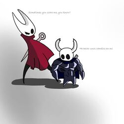  1:1 clothing confusion duo english_text female hollow_knight hornet_(hollow_knight) humanoid male meme muscular pinwinito simple_background spanish_text team_cherry text 