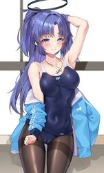  arm_up armpits ass_visible_through_thighs bare_shoulders black_halo black_pantyhose blue_archive blue_eyes blush breasts cameltoe covered_navel female groin halo highres jacket jacket_partially_removed lanyard light_smile long_hair long_sleeves looking_at_viewer matrix16 mechanical_halo medium_breasts pantyhose pantyhose_under_swimsuit parted_bangs purple_hair school_swimsuit solo star_sticker sticker_on_face swimsuit thighband_pantyhose thighs two_side_up yuuka_(blue_archive) 