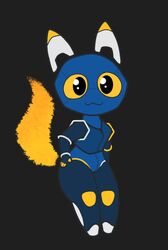  android anthro blue_body digital_media_(artwork) domestic_cat e621 esix felid feline felis female fire flaming_tail gooblie_2 looking_at_viewer machine mammal mascot robot robot_anthro simple_background smile solo tail yellow_eyes yellow_sclera 