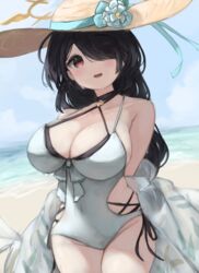  absurdres bare_shoulders beach black_choker black_hair blue_archive blush bow breasts choker cleavage collarbone criss-cross_halter day eyelashes female flower hair_over_one_eye halo halterneck hand_on_headwear hat hat_flower hat_ribbon highres hinata_(blue_archive) hinata_(swimsuit)_(blue_archive) huge_breasts large_hat layered_swimsuit long_hair looking_at_viewer one-piece_swimsuit one_eye_covered open_mouth outdoors red_eyes ribbon see-through skindentation smile solo spaghetti_strap sun_hat swimsuit teruriu two-tone_swimsuit upper_body very_long_hair white_bow white_flower yellow_halo 