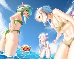  4girls absurdres ass bikini blonde_hair blue_sky blush bow breasts brown_bikini closed_mouth cloud crossover edomae_elf eldali_ilma_fanomenel elf english_commentary frieren goblin_slayer! green_bikini green_eyes green_hair hair_between_eyes hairbow high_elf_archer_(goblin_slayer!) highres long_hair looking_at_viewer mawster_yowda multiple_crossover multiple_girls mushoku_tensei navel open_mouth outdoors partially_submerged pointy_ears red_eyes sidelocks sky small_breasts sousou_no_frieren species_connection swimsuit sylphiette_(mushoku_tensei) wading white_bikini white_hair 