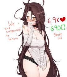  :&lt; absurdres ahoge arm_wrap bandaid bare_shoulders black_choker black_panties blush breasts brown_eyes brown_hair choker cleavage closed_mouth clothes_tug collarbone contrapposto cowboy_shot curvy english_text female heart heart_choker highres jitome lace-trimmed_panties lace_trim large_breasts long_hair looking_at_viewer meme off-shoulder_shirt off_shoulder original panties panty_peek shirt shirt_tug simple_background sky_above_me solo twitter_strip_game_(meme) underwear very_long_hair white_background white_shirt 