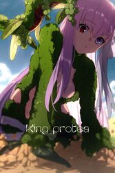  bandage_over_one_eye bandaged_head bandaged_leg bandages blue_sky breasts center_opening character_name echo_(circa) fate/extra fate/extra_ccc fate/extra_ccc_fox_tail fate/grand_order fate_(series) female flower giant giantess hair_flower hair_ornament horns kingprotea_(fate) kingprotea_(second_ascension)_(fate) long_hair looking_at_viewer moss open_mouth purple_eyes purple_hair sky small_breasts solo thighs very_long_hair 