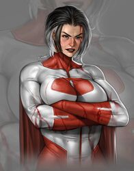  artist_name black_hair blood blood_drip blood_on_clothes blood_on_face blue_eyes bodysuit breasts cape commentary crossed_arms english_commentary female genderswap_(mtf) grey_background hibren highres invincible_(series) large_breasts mature_female multicolored_hair muscular muscular_female omni-man red_bodysuit red_cape rule_63 serious simple_background solo superhero_costume teeth thick_eyebrows two-tone_bodysuit two-tone_hair white_bodysuit white_eyes zoom_layer 