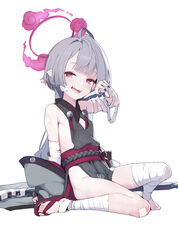  ataruman bandage_on_leg bandaged_arm bandaged_foot bandaged_hand bandaged_leg bandages bell blue_archive blush clothing_cutout fangs female flat_chest grey_hair halo highres japanese_clothes jingle_bell long_hair looking_at_viewer nail_polish obi open_mouth pointy_ears red_eyes red_halo sandals sash shuro_(blue_archive) simple_background skinny smile solo white_background 